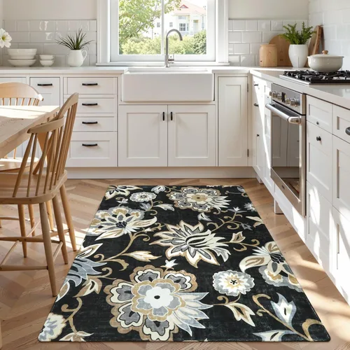 Vista 15 de Lahome - Tapete floral con estampado de cachemira, lavable, antideslizante, pequeño, anti-manchas, suave, para baño, entrada, dormitorio, Negro