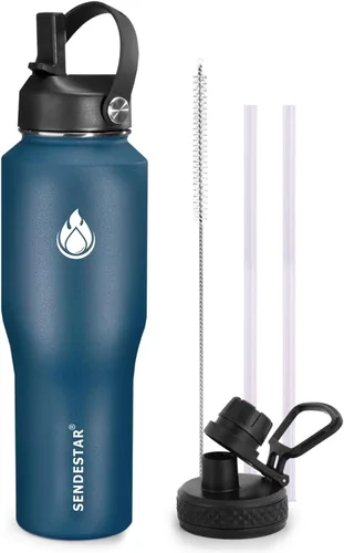 Vista 15 de SENDESTAR - Botella de agua de 0,9 L, 2 tapas (tapa con pajita), boca ancha de acero inoxidable aislada al vacío, doble pared, mantiene los líquidos