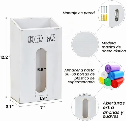 Vista 7 de Soporte para bolsas de comestibles de granja para cocina, soporte de bolsa de plástico de madera para reciclar bolsas de plástico, dispensador