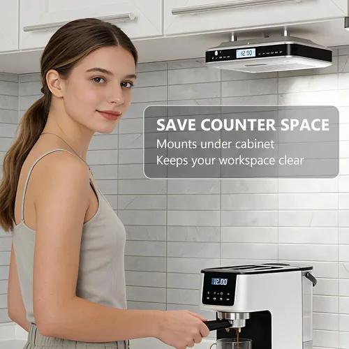 Vista 5 de iLive Radio FM Bluetooth para debajo del gabinete para cocina, estéreo inalámbrico con reloj y temporizador incorporados, 20 preajustes de FM, LCD