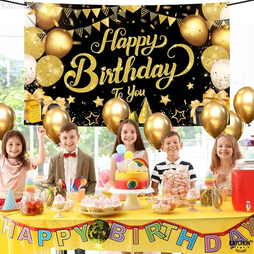 Vista 7 de KatchOn, Cartel de feliz cumpleaños negro y dorado, extragrande, 72 x 44 pulgadas, pancarta de fondo negro y dorado para decoraciones de feliz