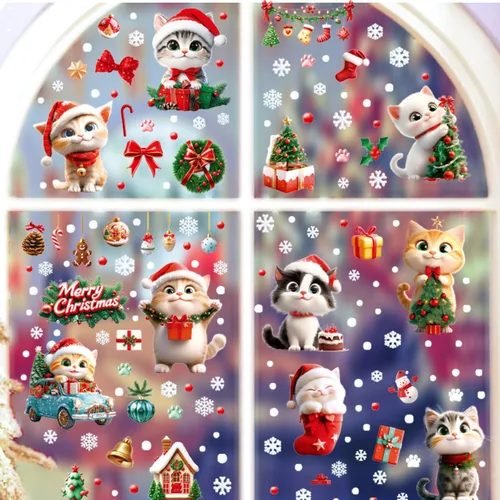 Vista 7 de Calcomanías de gato para ventana de Navidad, 9 hojas de decoración de Navidad, campanas de árbol de gato, calcomanías para fiestas de vacaciones