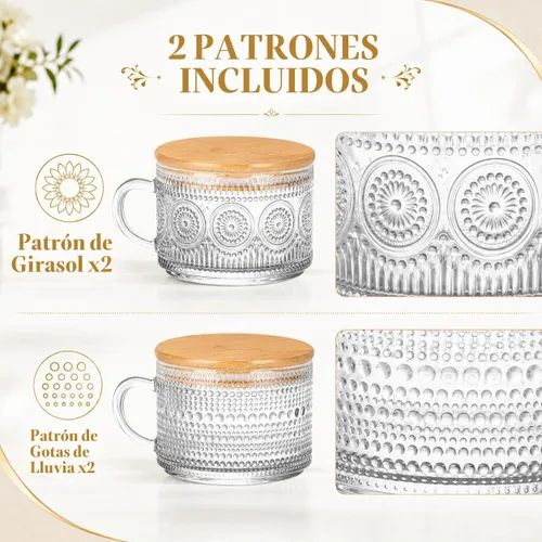 Vista 5 de Semderm Juego de 2 tazas de café de vidrio vintage, recipientes para avena nocturna con tapas de bambú y cucharas - Tazas de té transparentes de 14