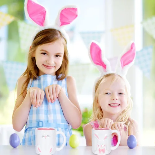 Vista 5 de Whaline 2 tazas de Pascua con asa de 12 onzas, conejo de cerámica, taza de café blanca y rosa para cumpleaños, baby shower, fiesta, decoración