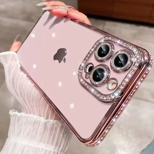 Vista 4 de Changjia Funda transparente con purpurina para iPhone 15 Pro, diamantes de imitación brillantes de lujo con protector de cámara, revestimiento