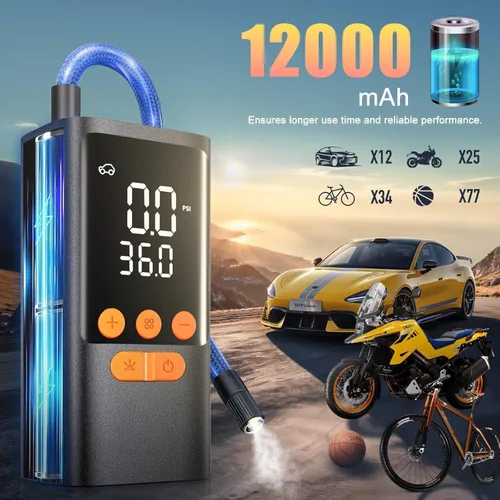 Vista 3 de Inflador de neumáticos Compresor de aire portátil - Bomba de aire inalámbrica para neumáticos de automóvil - Batería de 150 PSI y 10000 mAh Inflador