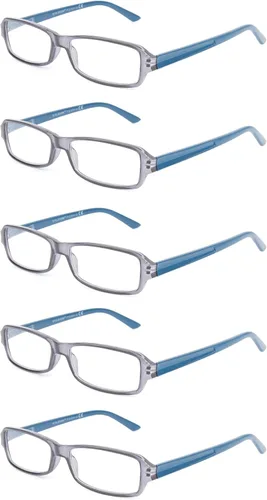 Vista 8 de Paquete de 5 lentes de lectura clásicos de plástico rectangular unisex para hombres y mujeres, negro, azul, gris y tortuga