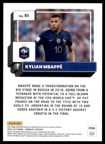 Vista 2 de 2022-23 Donruss FIFA Soccer # 51 Kylian Mbappe France Official Panini Trading Card (foto de stock mostrada, tarjeta en estado casi menta a menta)