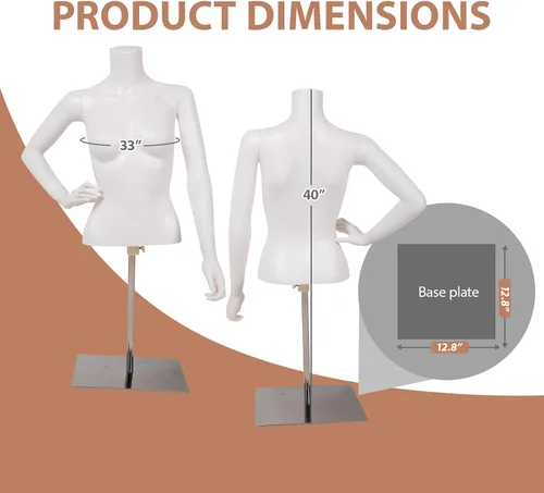 Vista 2 de Maniquí femenino de medio cuerpo blanco para la parte superior del cuerpo, elegante maniquí femenino con base estable, pantalla de forma de vestido