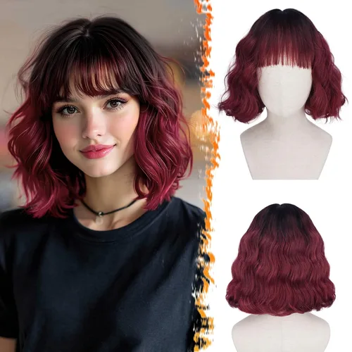 Vista 22 de BARSDAR Peluca corta ondulada con reflejos castaño, peluca corta ondulada con flequillo para mujer, gruesa, suave, sintética, texturizada, rizada