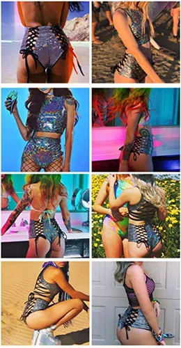 Vista 4 de RARITYUS Women Rave Holographic Bodysuit Mini Two Piece Hologram Metallic Silver for Dance Party Clubwear EDM Festival