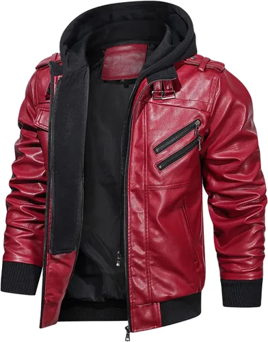 Vista 5 de Hood Crew - Chaqueta bomber para hombre, casual, con cuello alto, cazadora de moto, de piel sintética de poliuretano, con cremallera y capucha