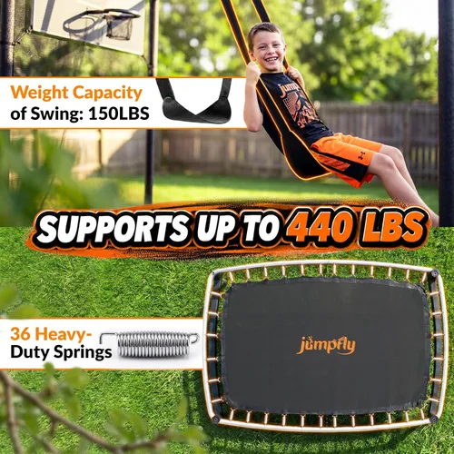 Vista 4 de jumpfly Trampolín rectangular de 6 pies para niños, trampolín para niños pequeños con columpio y aro de baloncesto, mini para interiores