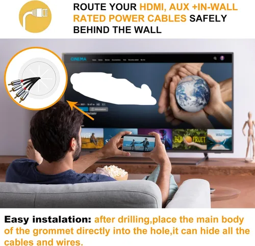 Vista 4 de Ocultador de cable de TV para televisores montados en pared, el kit incluye 4 agujeros pasantes y 1 accesorio para taladro de sierra, fácil