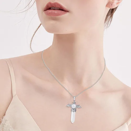 Vista 5 de Collar de cristal curativo para mujer, collar con dije de alas de ángel, piedras natales, piedras preciosas para mujeres y hombres, colgante de cruz