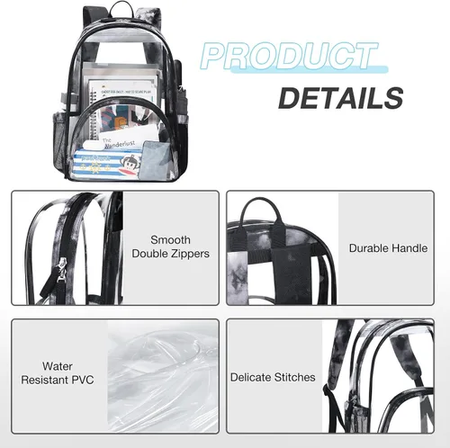 Vista 5 de LIGHT FLIGHT Mochila transparente resistente y transparente, mochila transparente, mochilas duraderas para la escuela, seguridad
