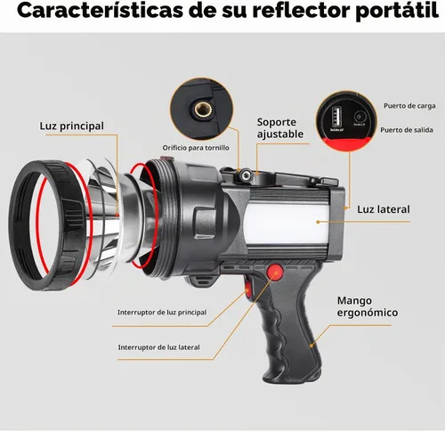 Vista 6 de Superbright Linterna LED de Mano Reflector Linterna Potente Luz de Búsqueda Linterna Recargable por USB con Función de Banco de Energía Luz de Luz
