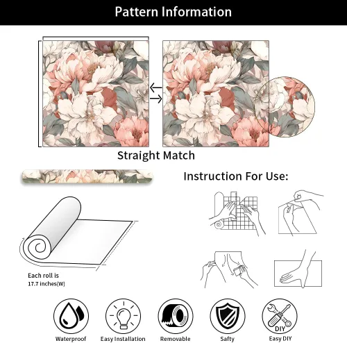 Vista 7 de Papel Tapiz Floral Vintage de Peonías Rosa Soñador/Blanco Despegar y Pegar Papel de Contacto Fácil de Despegar Papel Adhesivo Adherible para Pared