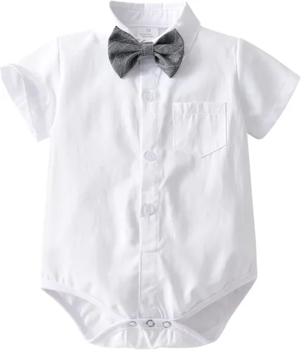 Vista 3 de Conjunto de traje de caballero de manga corta para bebé niño con corbatín + pantalones cortos con tirantes y pantalones cortos para bautizo festivo