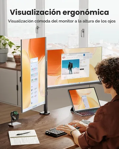 Vista 8 de ErGear - Soporte para dos monitores, resistente y ajustable, montaje de escritorio para monitores de hasta 32 pulgadas, altura totalmente ajustable