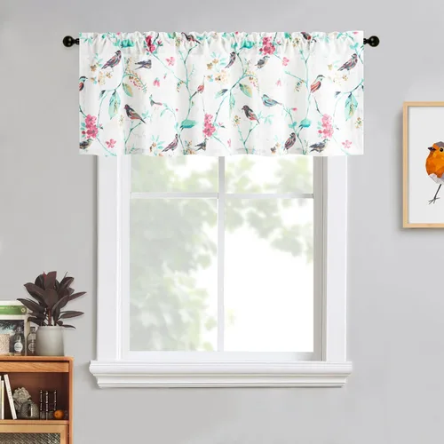 Vista 44 de VOGOL Cenefa de pájaro y bayas, decoración clásica de ventana de campo americano con estampado botánico, cortina de bolsillo para barra fácil