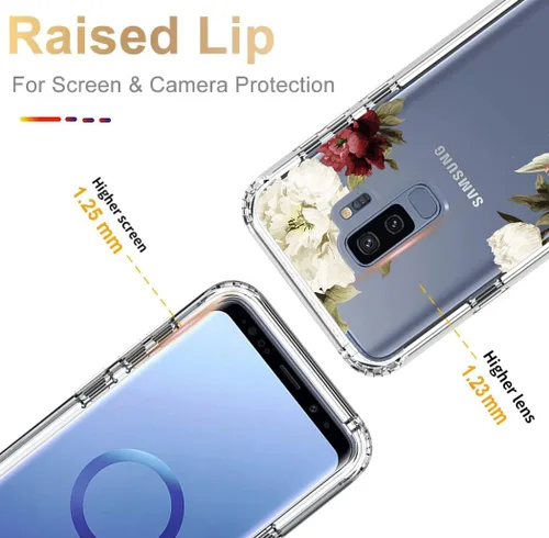 Vista 2 de Funda protectora para Samsung Galaxy S9+ G965U con protector de pantalla de vidrio templado, lindo patrón floral transparente de cuerpo completo