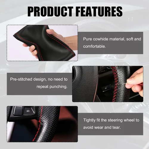 Vista 4 de Funda de Volante de Cuero Genuino, Envoltura con Costura para Volante de hasta Diámetro 15 Pulgadas, Protector de Volante de Costura DIY, Accesorios