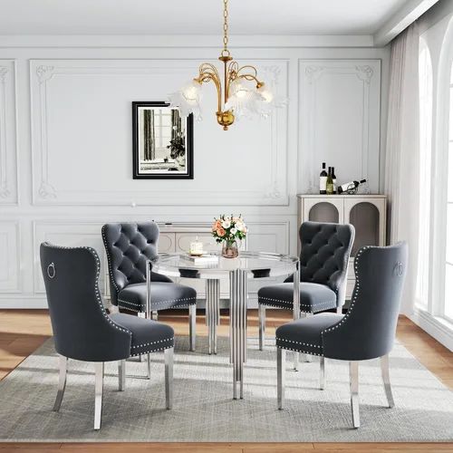 Vista 23 de Juego de mesa de comedor de cristal de 5 piezas para 4, mesa de cocina cuadrada de 37 pulgadas con 4 sillas tapizadas de terciopelo negro, mesa