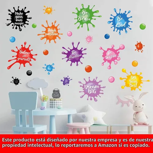 Vista 3 de Calcomanías de pared coloridas con frases inspiradoras, pintura de acuarela, calcomanías de pared con salpicaduras de tinta, calcomanías de pared