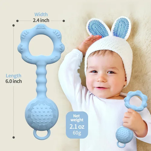 Vista 6 de Mordedores para bebés de 6 a 12 meses, sonajeros para bebés de 0 a 6 meses, sonajero 2 en 1 y juguete mordedor para calmar las encías doloridas