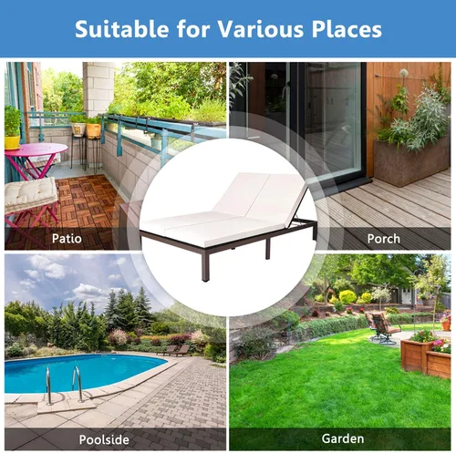 Vista 6 de DORTALA Silla reclinable de ratán para 2 personas con ruedas y cojín, sillón de mimbre doble con respaldo ajustable, juego de conversación de Blanco