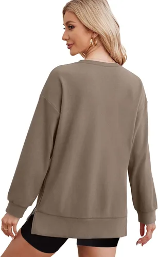 Vista 4 de WIHOLL Sudadera ligera de gran tamaño para mujer con cremallera lateral y cuello redondo suave, manga larga, moda 2024