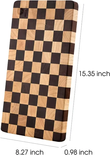 Vista 4 de Tabla de cortar de madera bloque de carnicería, tabla de cortar de madera con patrón de tablero de ajedrez y asas laterales interiores para carne