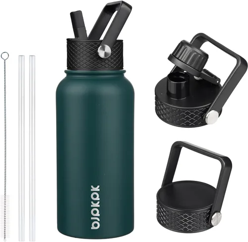Vista 80 de BJPKPK Botellas de Agua Aisladas con Tapa de Pajita, Botella de Agua de Acero Inoxidable de 18oz, Termo Frío Caliente con 3 Tapas, Vaso de Viaje a
