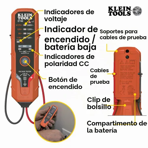 Vista 6 de Klein Tools CL120VP Kit de prueba de voltaje eléctrico con medidor de abrazadera, tres probadores, cables de prueba, bolsa