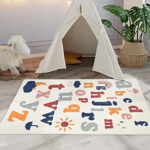 Vista 4 de ABREEZE Alfombra de juego para niños, alfombra mullida de lana sintética para niños, 3.3 x 5 pies, antideslizante, con número ABC, aprendizaje