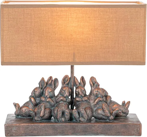 Vista 5 de Creative Co-Op lámpara de mesa de resina con forma de conejo con pantalla rectangular de lino, acabado en bronce