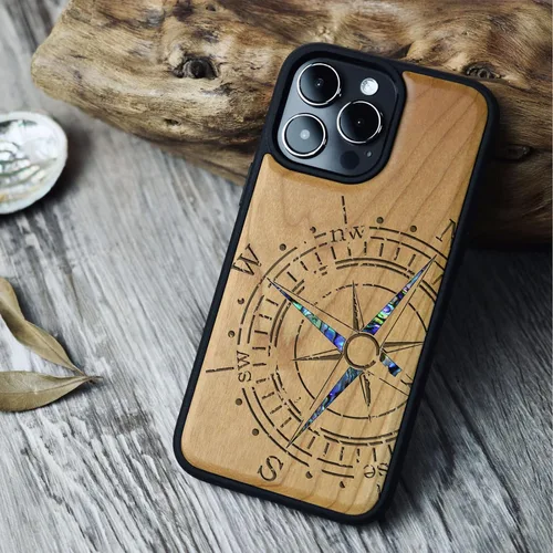 Vista 4 de Carveit Funda magnética de madera de diseñador para iPhone 14 Pro Max, grabado en madera e incrustaciones de concha, funda de madera única