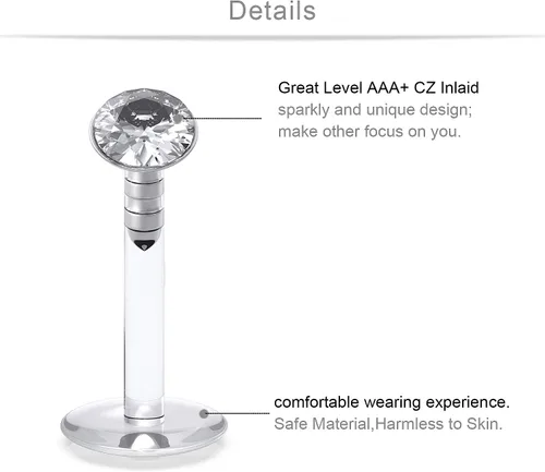 Vista 2 de SCERRING 16G - Anillos de labio de 0.079 pulgadas de circonita cúbica internamente roscada, labret Monroe, anillo de labio, tragus roook, hélice