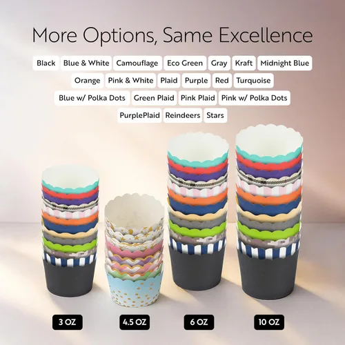 Vista 5 de Restaurantware Paquete de 200 moldes de papel para cupcakes de 3.38 onzas, resistentes a la grasa, festoneados para horno, elegantes tazas