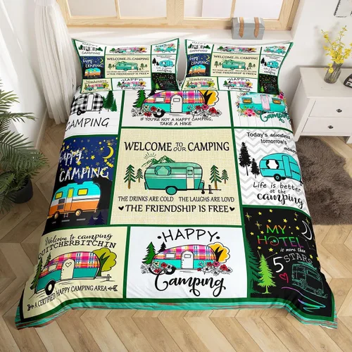 Vista 31 de Erosebridal Juego de funda de edredón de cabaña de cabaña, ropa de cama individual para niños, funda de edredón de campamento feliz, ropa de cama