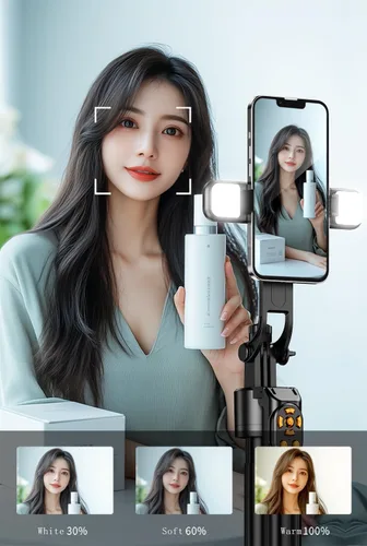 Vista 8 de Trípode para selfie de seguimiento automático de 70 pulgadas, rotación de 360°, soporte de trípode extensible para teléfono para selfies, grabación