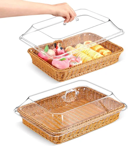 Vista 7 de Mumufy Paquete de 2 cestas de mimbre grandes para pan con tapa acrílica, regalo de inauguración de la casa, cesta rectangular de imitación de ratán