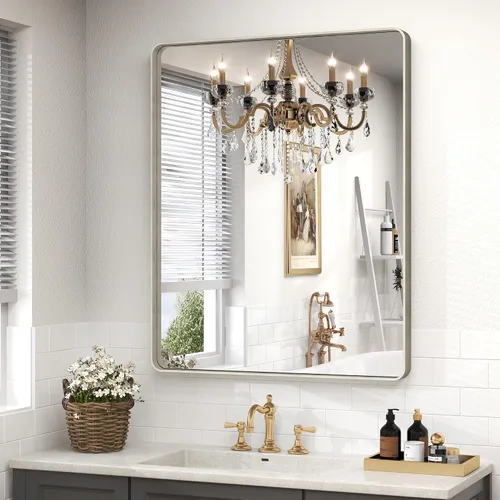 Vista 96 de Paquete de 2 espejos de baño con marco de metal negro de 22 x 30 pulgadas, espejo rectangular redondeado negro mate, antioxidante, se cuelga