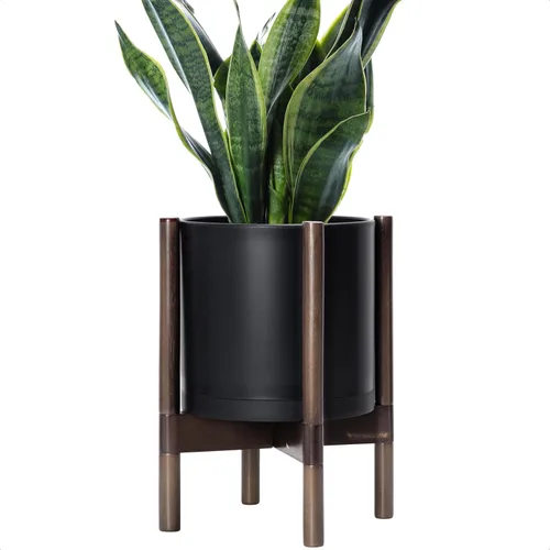 Vista 11 de Maceta de D'vine Dev con soporte - Maceta de flores de cilindro de plástico de 8.0 pulgadas con soporte de madera para interiores, maceta mate negra