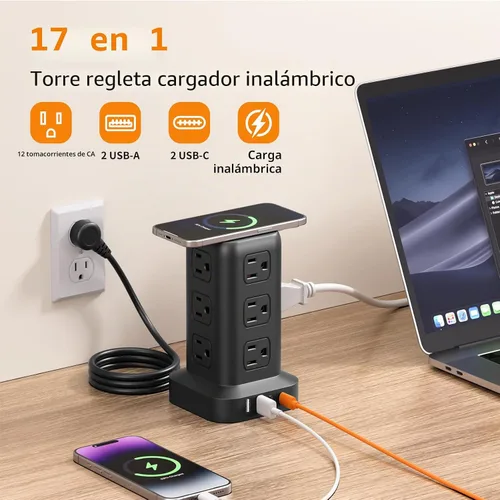 Vista 2 de SMALLRT - Cable de extensión con múltiples tomas, torre de regleta de alimentación con protector de sobretensiones, extensor de salida con 12