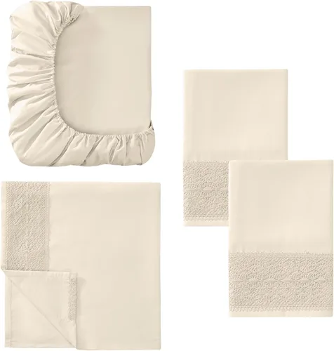 Vista 5 de Modern Threads - Sábanas de encaje de crochet de microfibra suave, sábanas de microfibra de lujo, incluye sábana encimera, sábana bajera con Beige
