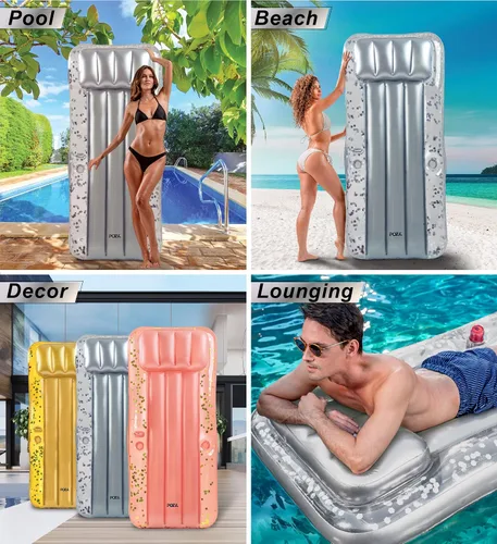 Vista 4 de POZA Colchón inflable gigante para piscina, tumbona grande y lujosa con confeti brillante, tapete de aire grueso de alta calidad, reposacabezas