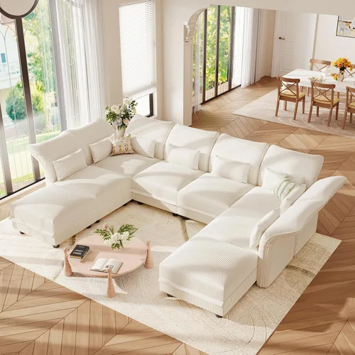Vista 38 de LLappuil - Sofá seccional en forma de L con almacenamiento, sofás seccionales modulares beige de pana para sala de estar con brazos y respaldos Pana
