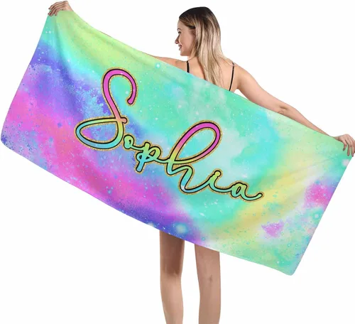 Vista 21 de MyPupSocks Toalla colorida personalizada para niños – Color arcoíris personalizada para viajes, playa, piscina y toallas de baño, toalla con nombre